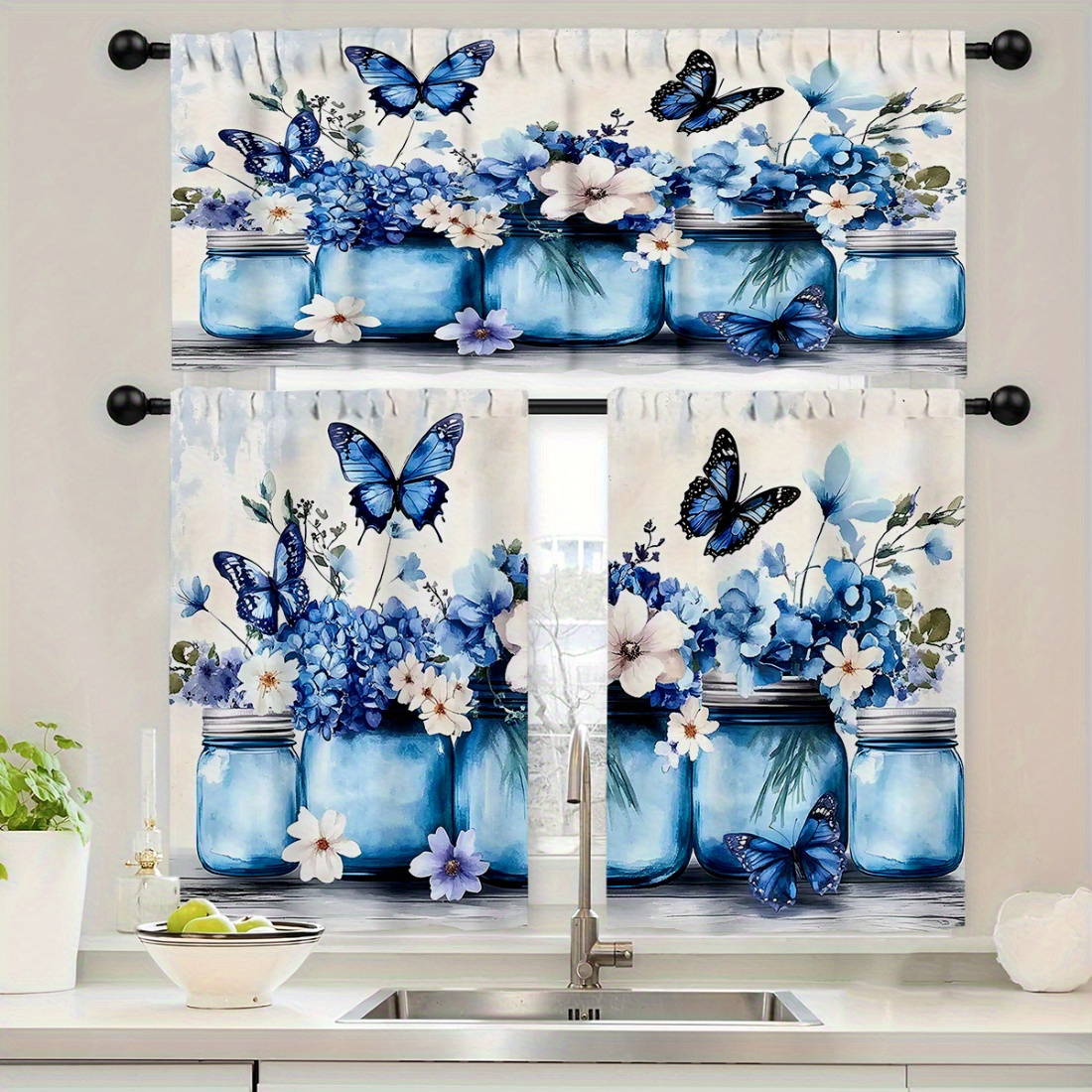 TEMU Plat 2D, Lot de 3 Rideaux de Cuisine à Imprimé Papillon Floral et Bouteille Bleue pour Décoration d'Intérieur, Plat 2D