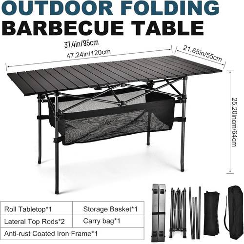 aluminum alloy roll top camping table adjustable height folding portable table with storage net carry bag lightweight roll up table for outdoor camping picnic bbq patio backyard indoor use