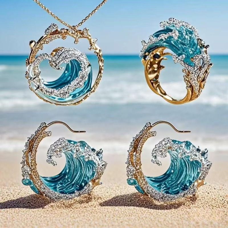 TEMU 4pcs Necklace, Ring, And Earrings Set - Personalized Wave Jewelry - Beachwear Accessory For Theme