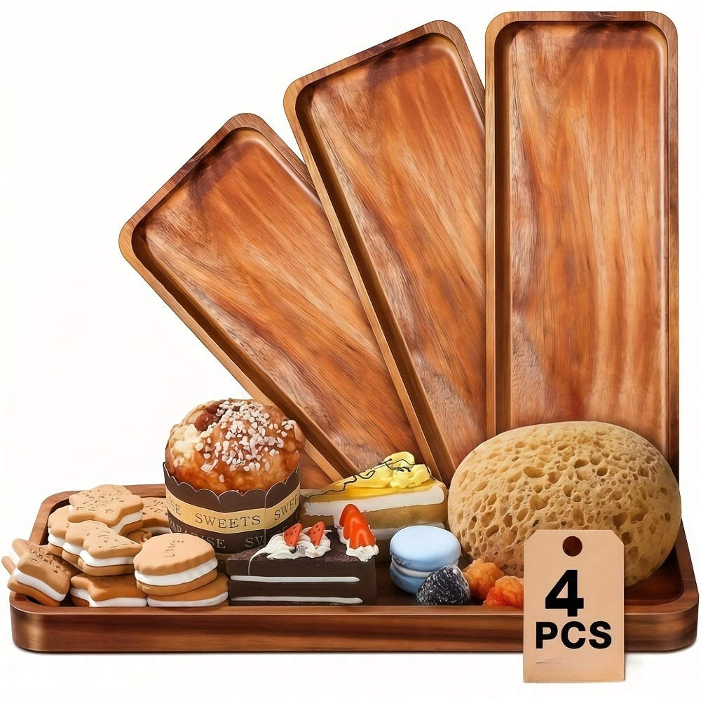 TEMU 4 Pack Small Solid Acacia Wood Serving Trays Rectangular Wooden Board For Food Appetizer Serving Tray Plates For Vegetables Fruit Charcuterie