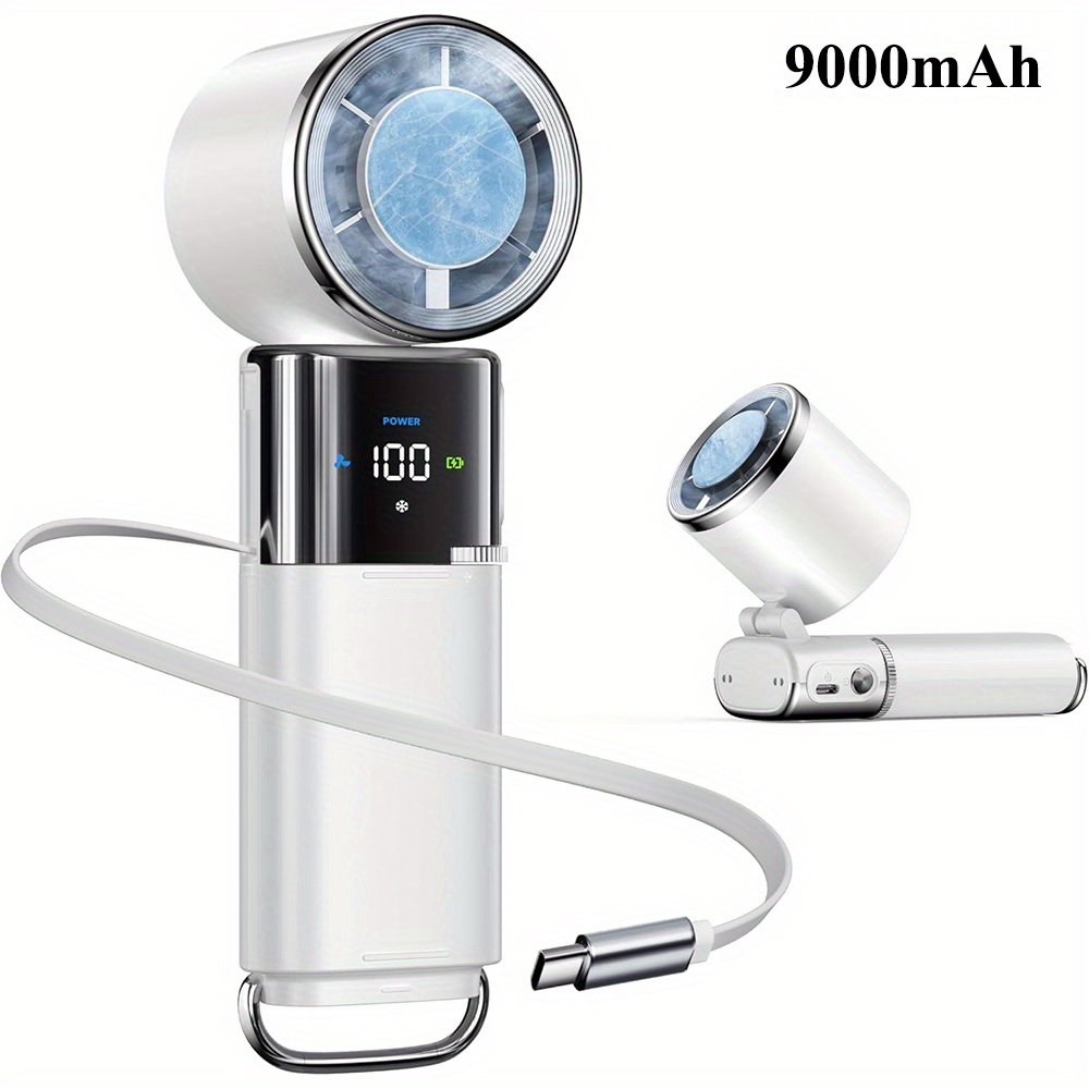 Batterie Externe 9000mAh & Ventilateur Haute Vitesse à Contrôle du Vent 100 Niveaux avec Câble d'Extension Intégré, Design Pliable/Suspendu Double Mode pour Extérieur, Maison, Salle de Classe - Cadeau
