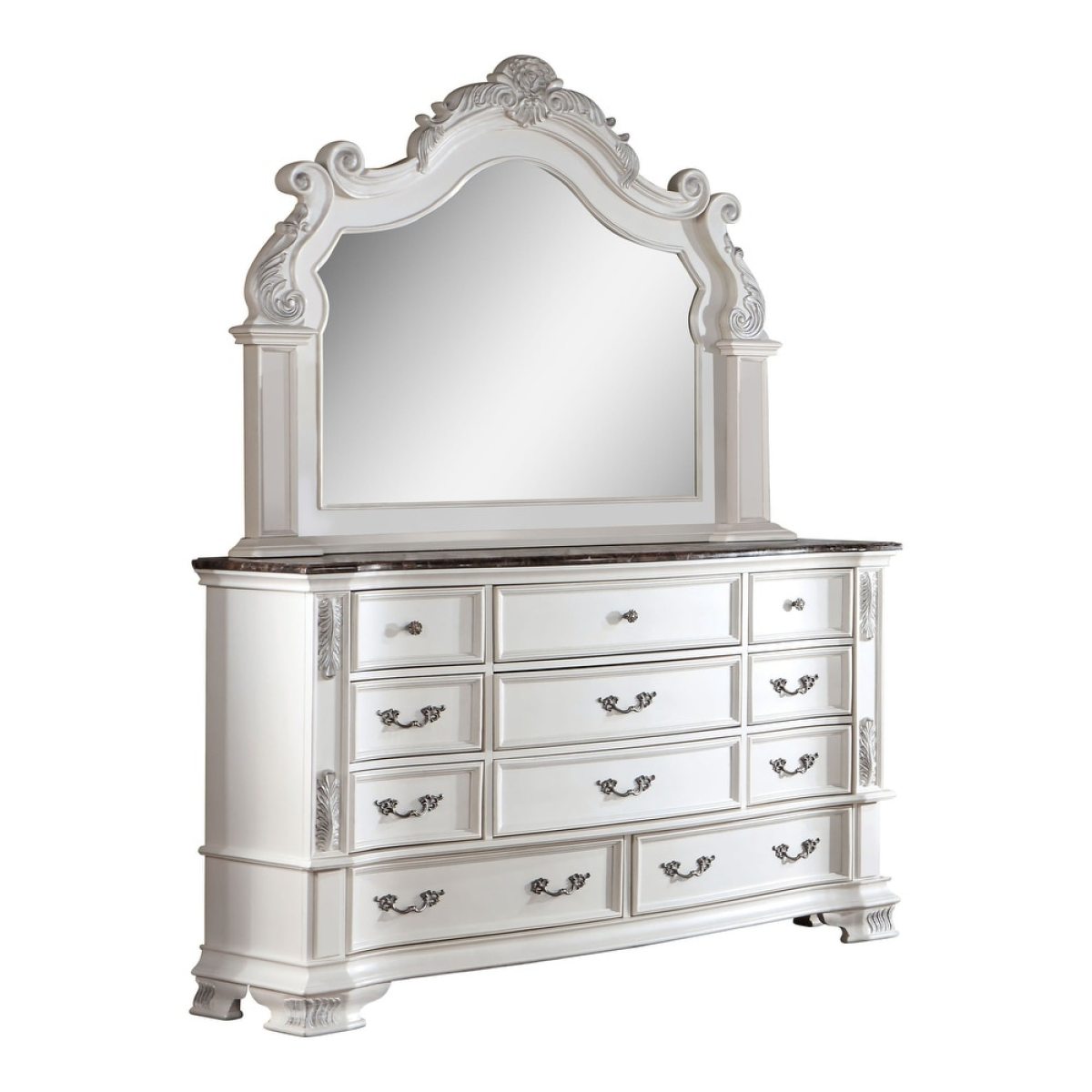 Luxury White 1pc Dresser Dovetail Drawers Genuine Marble Top Bronze Round Knob and Hanging Pulls BedroomEasy to Install Storage Unit Ready to Use Out of Box