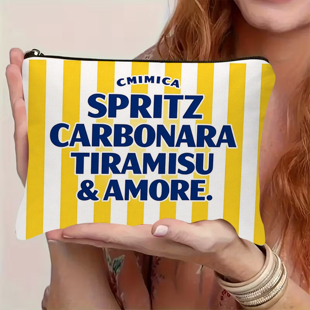 TEMU 1 pz. Trousse cosmetica 2D stampata a righe verticali gialle e bianche, con audace design a lettere "CMIMICA" "" "" "TIRAMISU & AMORE", chiusura