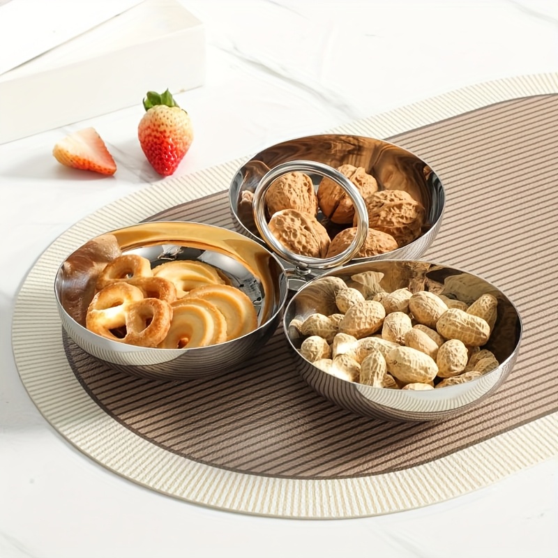 TEMU Food-grade 304 Stainless Steel Three-section Divided Dining Bowl, Portable Divided Snack Plate, Suitable For Nuts, Candies, Appetizers, Kitchen