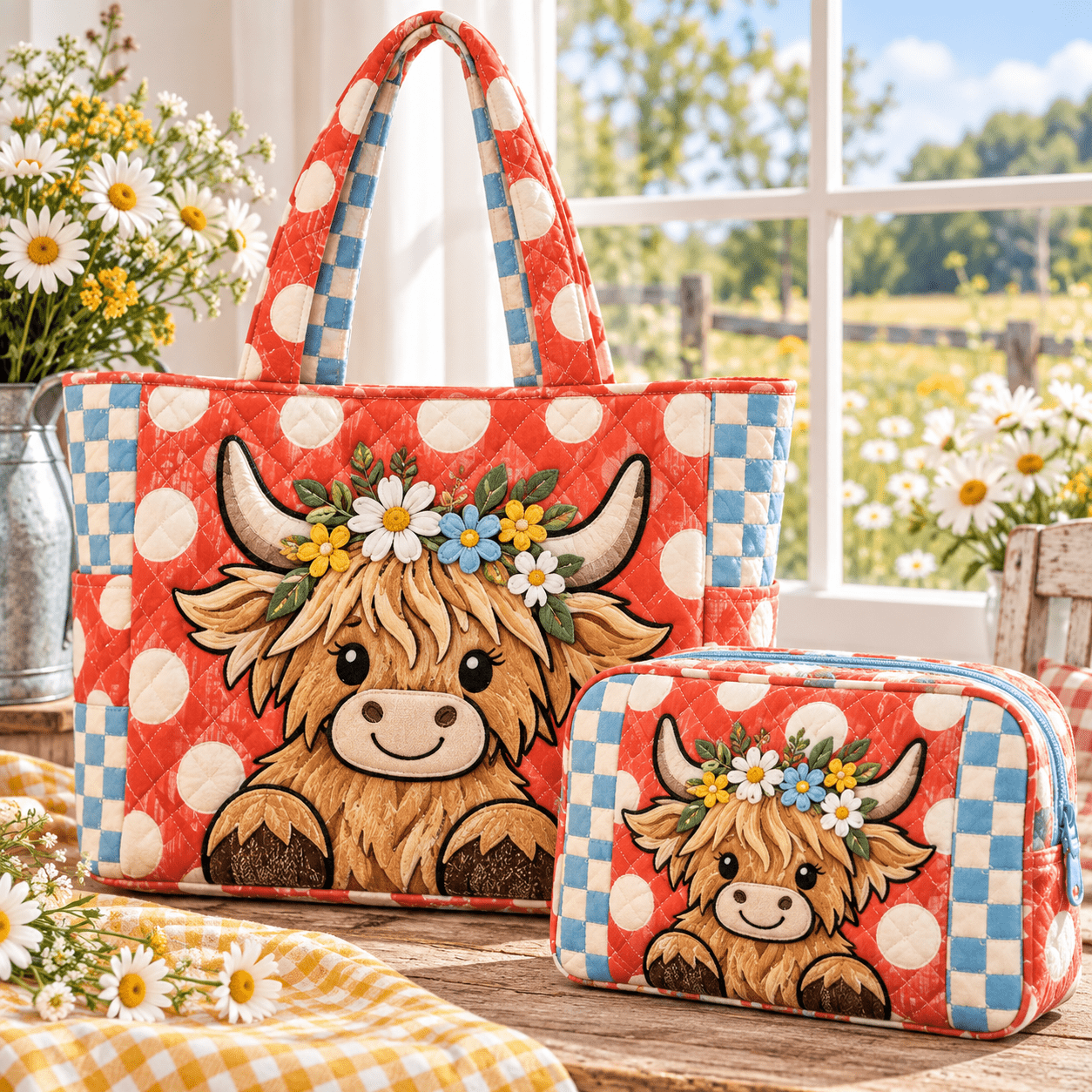 TEMU 2pcs Women's Cute Farmhouse Highland Cow, Daisy And Orange Floral 2pcs Quilted Tote Bag Set With Matching Pouch, Lightweight Spacious Shoulder