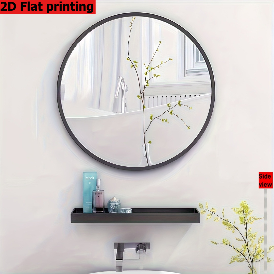 Espejo de tocador moderno minimalista para pared, 40.01 cm, impresión plana 2D, marco negro, plástico ligero, anti-rotura, fácil de instalar, no requiere perforación, acrílico transparente, tema de dibujos animados, ideal para baño, decoración del hogar