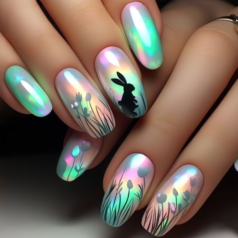 TEMU 48pcs & Tulip Nail Patches With Cute Bunny & Tulip Patterns - Glossy Machine-nails Suitable For Easter, Spring Nail Art - Green/ Nail Decals For