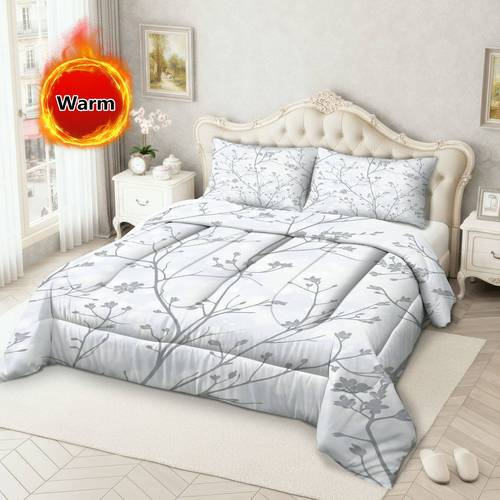 3pcs floral elegant gray quilt set 280gsm quilted soft breathable polyester bedding 1 quilt 2 pillowcases without pillow core for bedroom dorm home machine washable