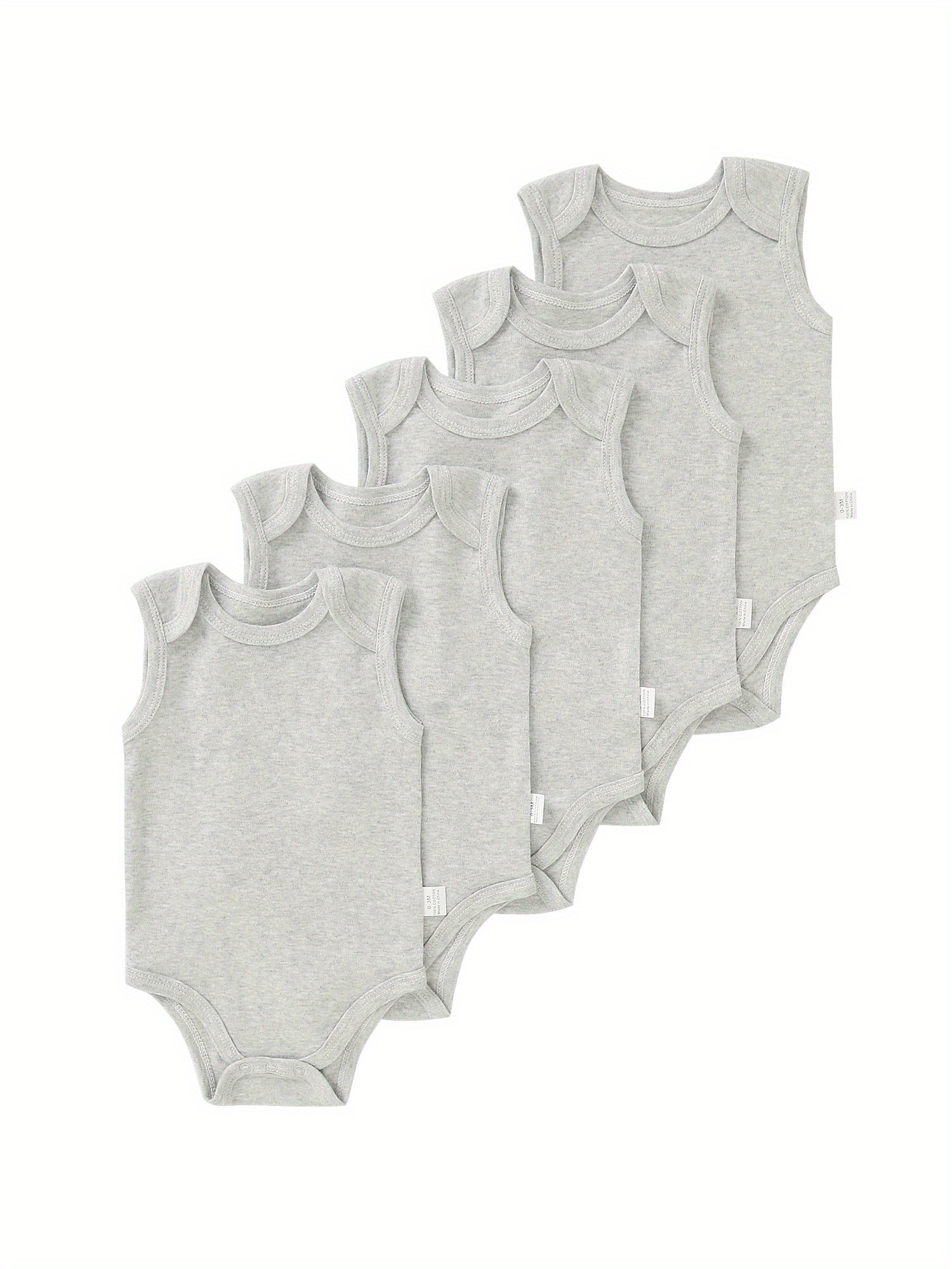 5pcs baby boy solid color basic bodysuit sleeveless crew neck   romper with   stretch   regular   boy clothes   sleeveless romper for outdoor Product details 7