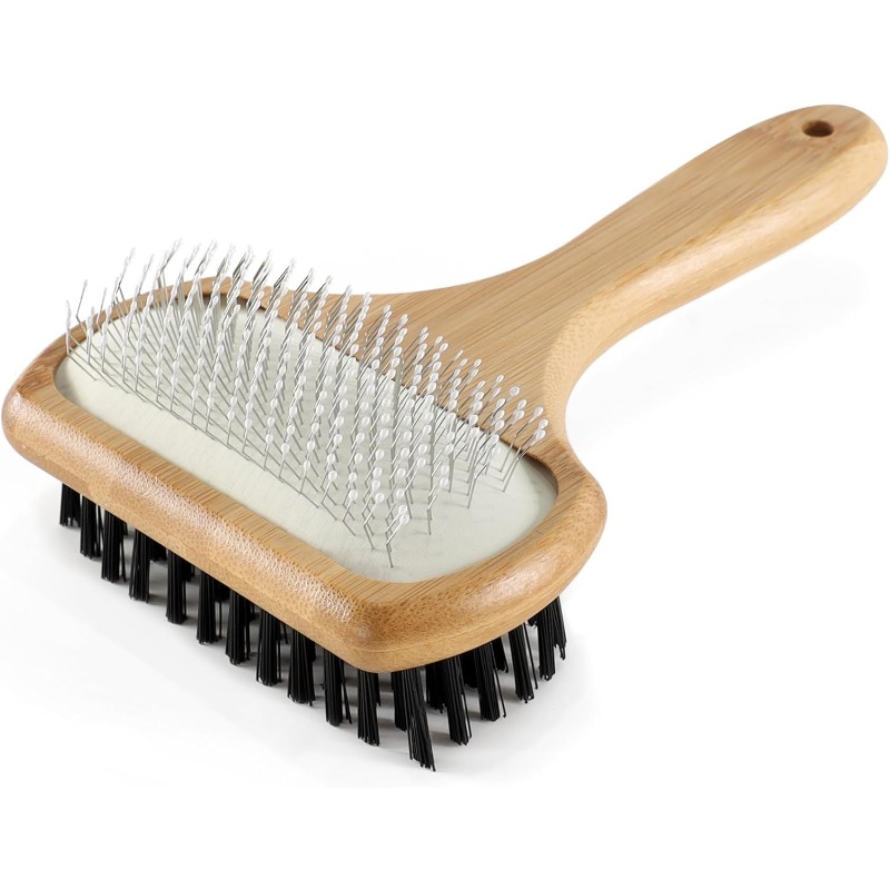 double-sided   grooming   handle & stainless steel detangling system - 2-in-1   brush for long/short hair, reduces shedding, removes  , promotes   -   for large breeds,  , british shorthair cats - heavy-duty metal & bamboo construction, ideal for   sizes - dual-sided brush for detangling & coat   & blood flow, pet grooming kit, bristle brush for dog, dog scrub brush, dog grooming accessories, Product details 0