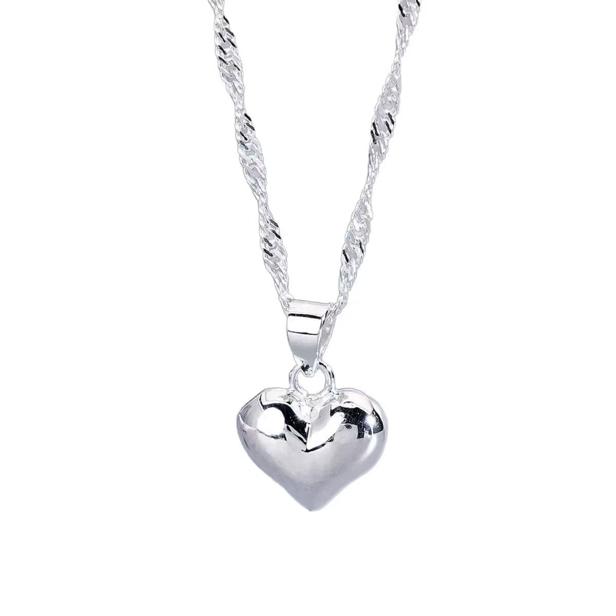 925 Silver Wave Chain Heart Pendant Necklace