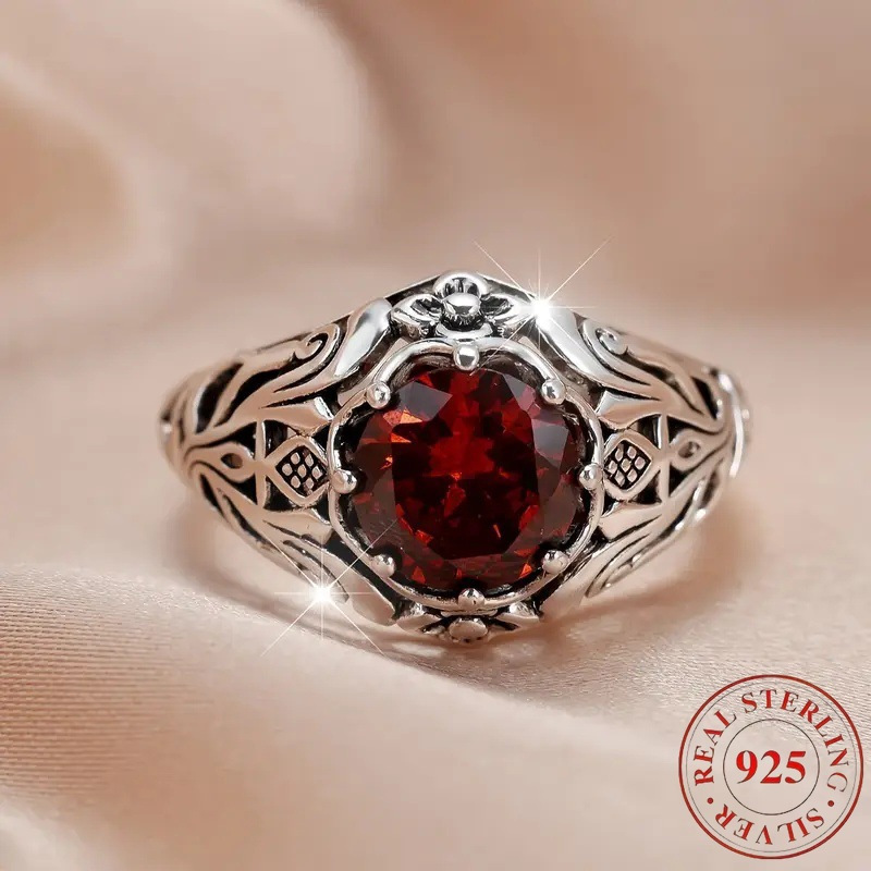 TEMU S925 Silver Red Synthetic Synthetic Zirconia Ring Low Allergic No Nickel Lady Retro Elegant Lattice Ring Jewelry Suitable For Daily Party Wearing Anniversary Gifts