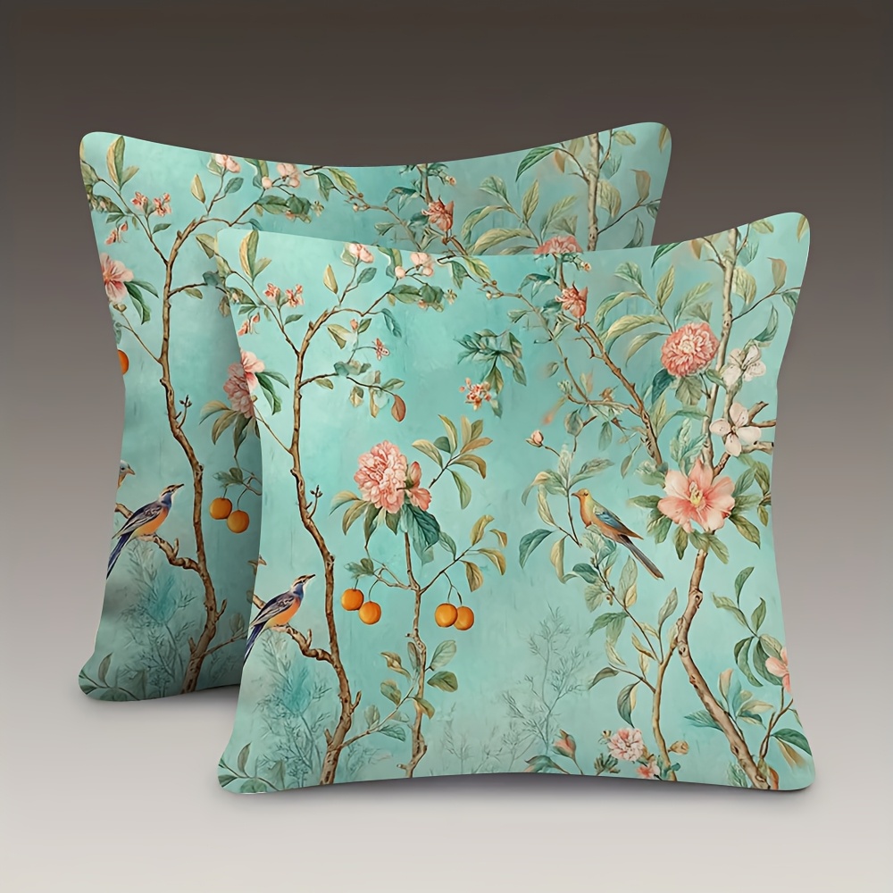 TEMU 2pcs 2d Flat Print Light Green Chinese Style Floral And Bird Pattern Pillowcases, Double-sided Print, Polyester Fabric, Zipper Closure, Machine