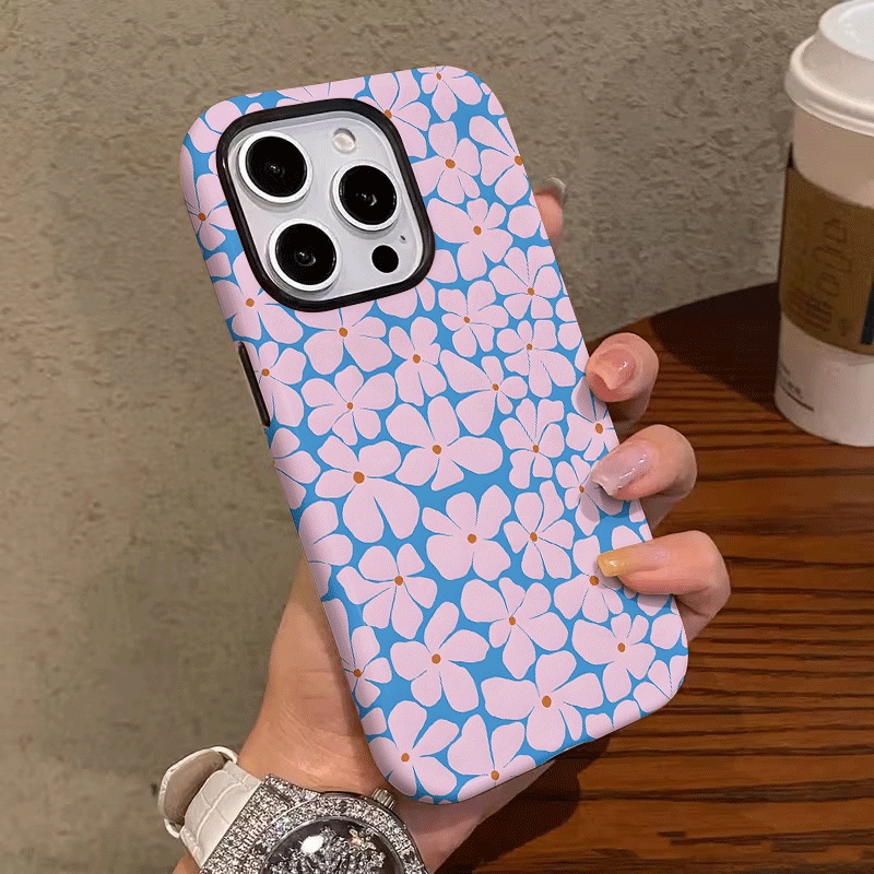 TEMU Phone Case - Little Purple Flower Blue Pattern, -one Film Case-tough, Dual Layered Case For Durable, , For Iphone 17, 16, 15, 14, 13, 12, 11, 8,