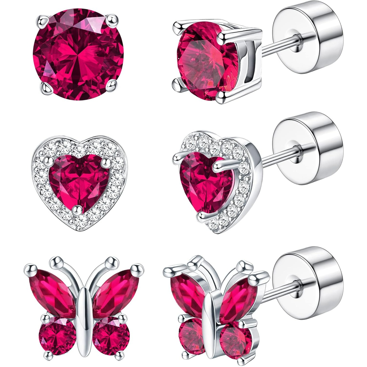 Image of 2d Flat - Set Of 3 Pairs Of 925 Sterling Silver Post Earrings Featuring Flat Back Heart And Designs With Birthstones, Perfect As A Birthday Gift For Women