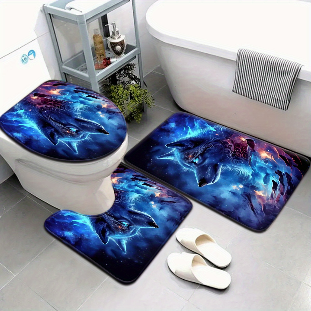 TEMU Open 3pcs/4pcs 3d Printed Flame Wolf Pattern Bathroom Mat Set Toilet Seat Ring U-shaped Foot Pad