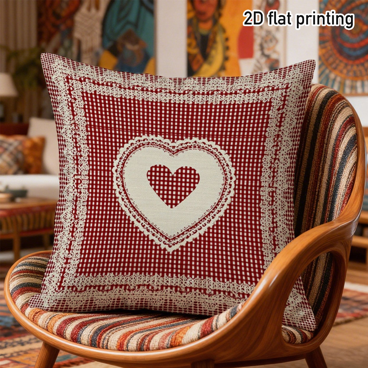 TEMU 1pc Red Plaid Lace Heart Cushion Cover With Zipper Closure - Contemporary Suitable For For Pillowcase, Modern Bedspread Cover For Sofa, Dorm,