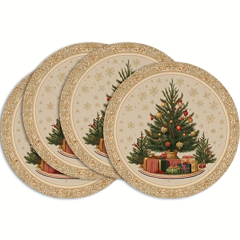 TEMU Set Of 4 Vintage Round Wooden Christmas Tree 2d Placemats With Golden Snowflake Pattern, Suitable For Kitchen Dining Room Decor, Holiday