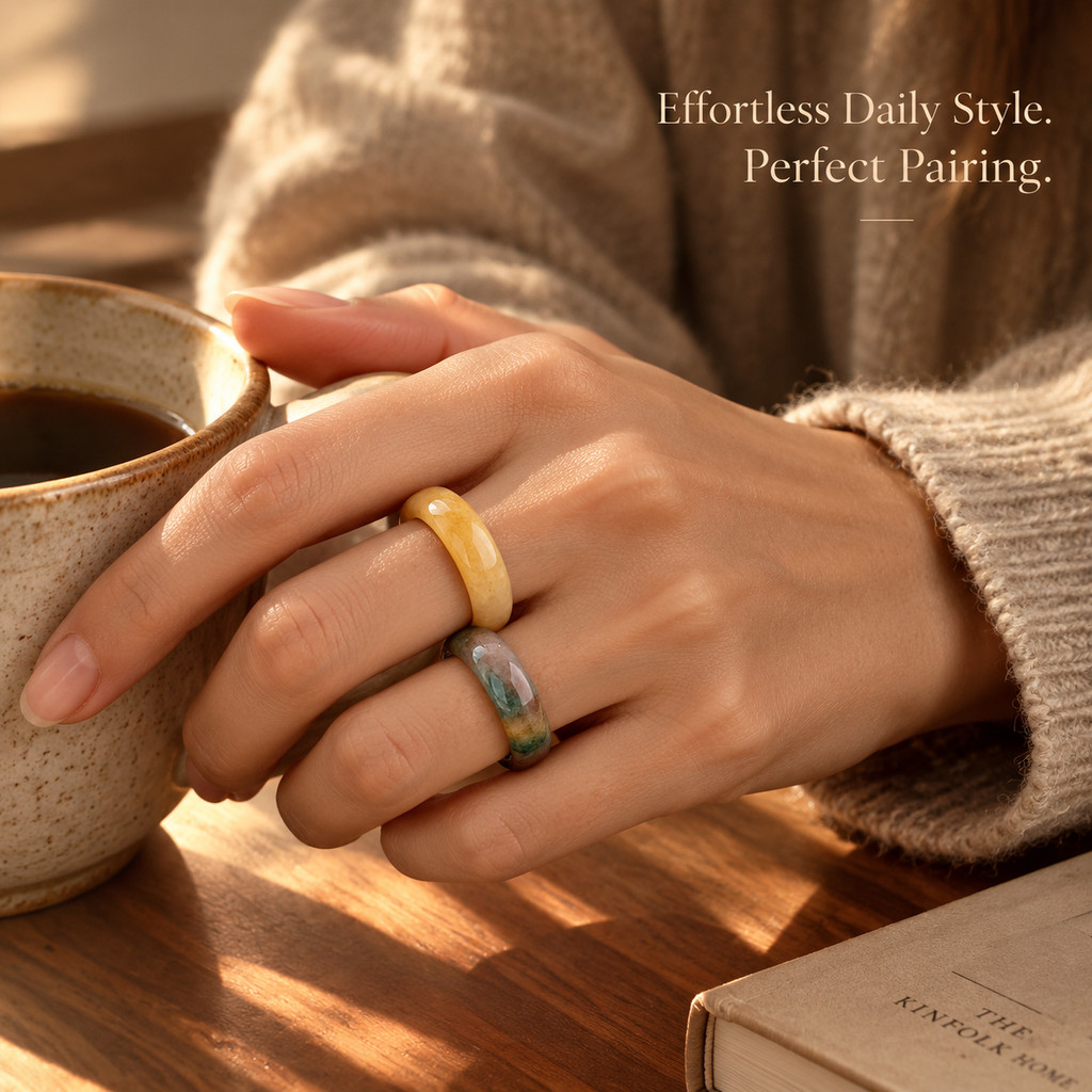 2pcs Yellow Jade & Multi-Color Agate Band Ring Set