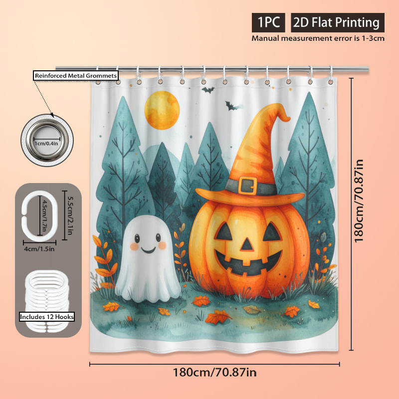   divisoria piatta 2d, 1  ,   con motivo di zucca e   amichevole per halloween, stampa piatta 2d,   12 ganci, non richiede foratura, pieghevole,   da doccia decorativa, per halloween