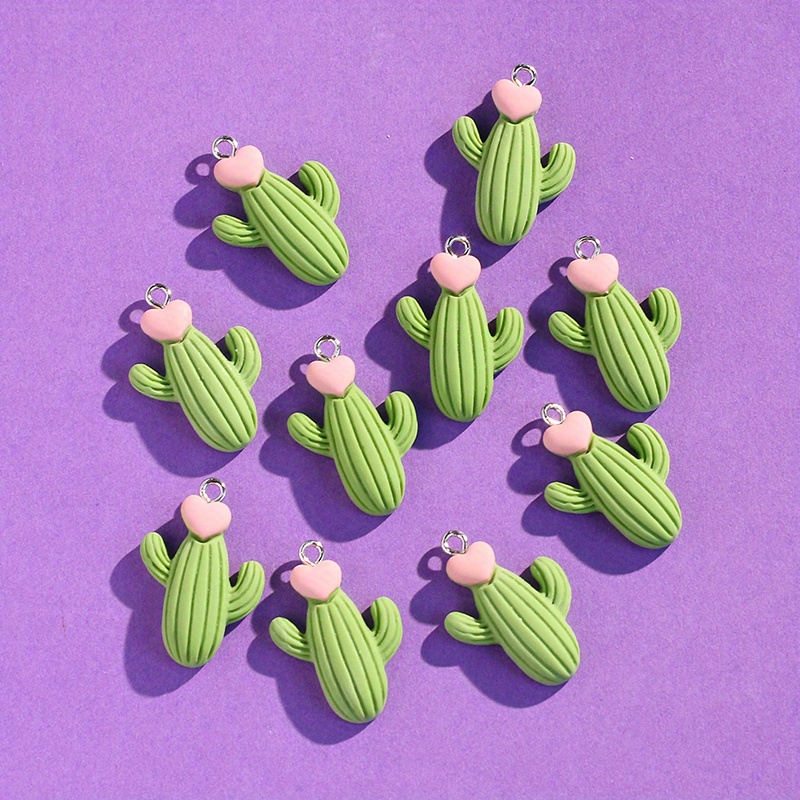 Image of 10pcs/20pcs Whimsical Cartoon Cactus Resin Charms - Pendant Earrings Necklace Jewelry Accessories With And Adorable Cartoon Style For Creative Crafting