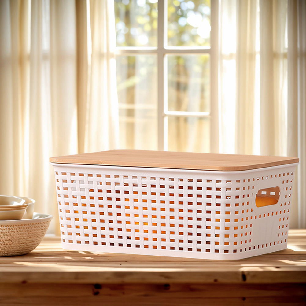 6pcs Stackable Plastic Storage Baskets with Natural Bamboo Lid