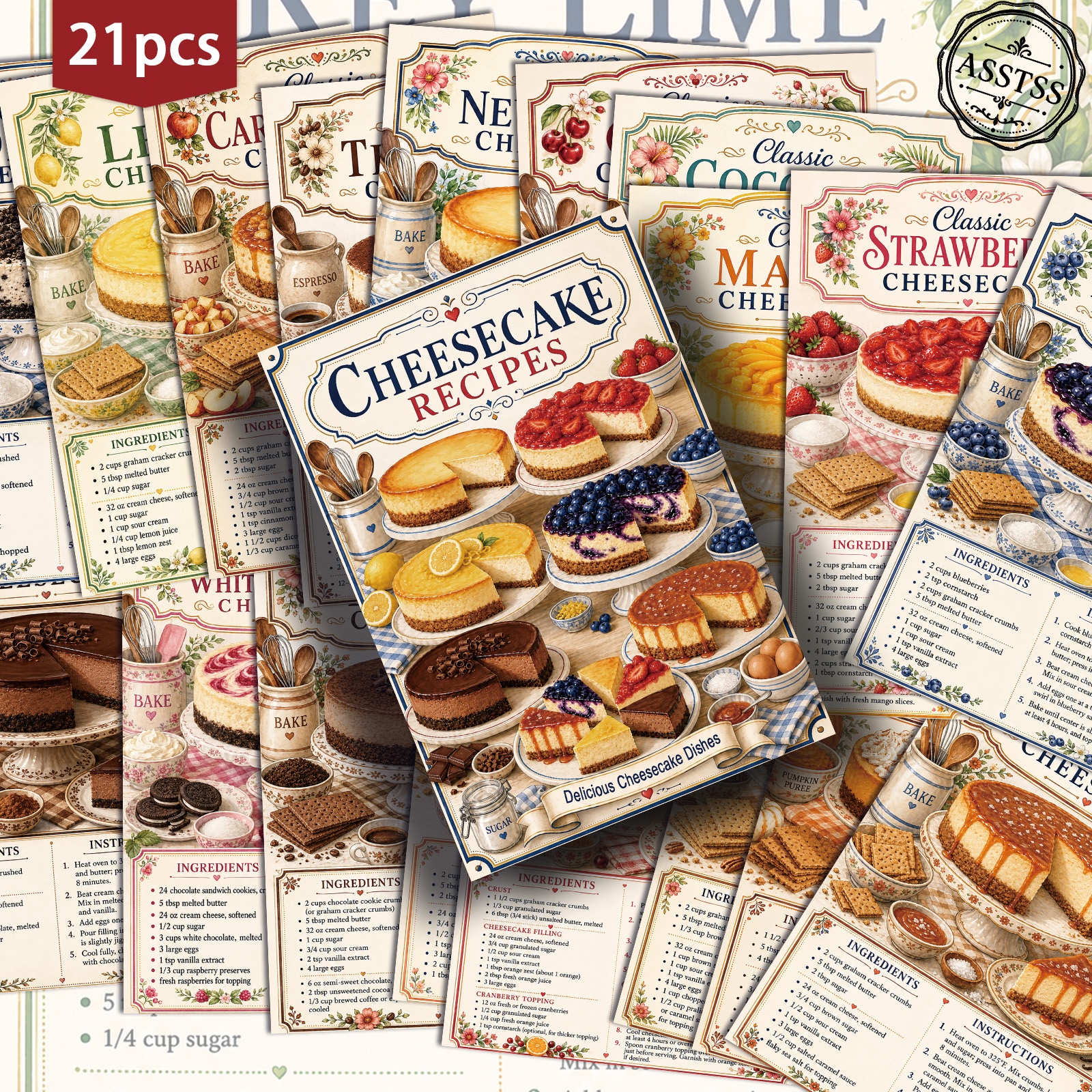TEMU 21-pack Asstss Vintage Cheesecake Recipe Postcards Suitable For Scrapbooking & Crafting - Retro Pinup Recipe Cards With Cheesecake Decorations,
