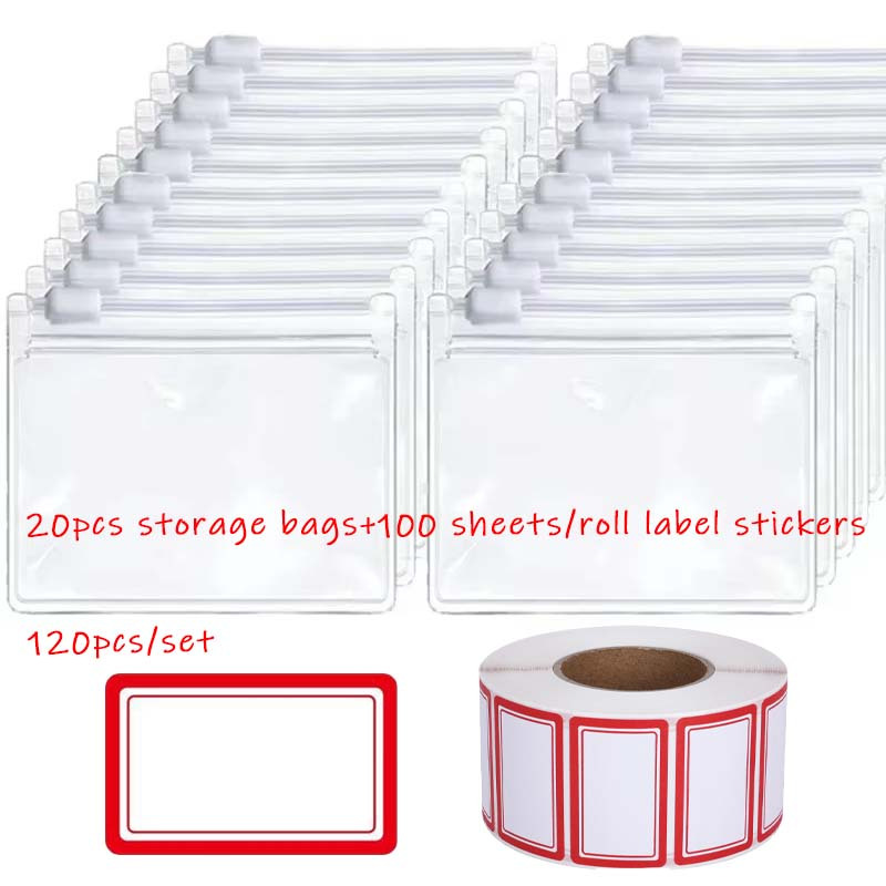 TEMU 120pcs/set, 20 Reusable Clear Zipper Medicine Storage Bags Set With 100 Blank Label Stickers, Self Sealing Small Pvc Pouches For Pills, Jewelry,