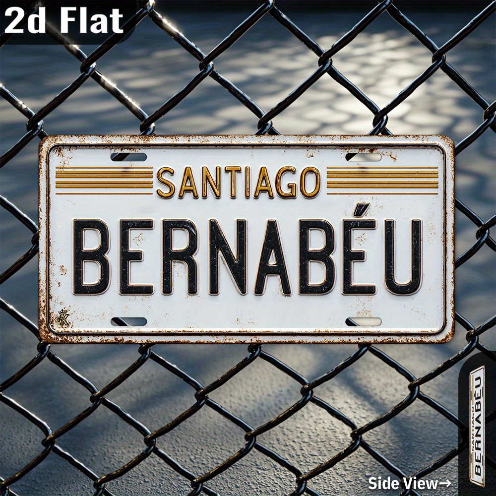 2d flat 1pc   bernabeu vintage aluminum license plate wall art 11 9 x6 retro metal sign for garage front   decor durable outdoor indoor football fan gift no electricity needed garage decoration distressed design   sign 2d flat