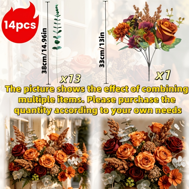 TEMU 14pcs Autumn Warm Mixed Artificial Flower Bouquet, Featuring Sunflowers, Burgundy Roses, Peonies, Red Orange Daisies, Light Flowers, And