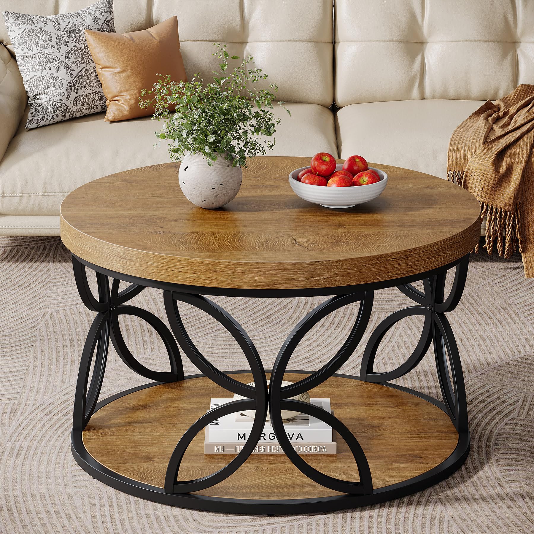 80cm Round Coffee Table With Storage, 2-tier Farmhouse Style Sofa Table, Wood & Metal Round Center Table For Living Room & Office, Rustic Brown