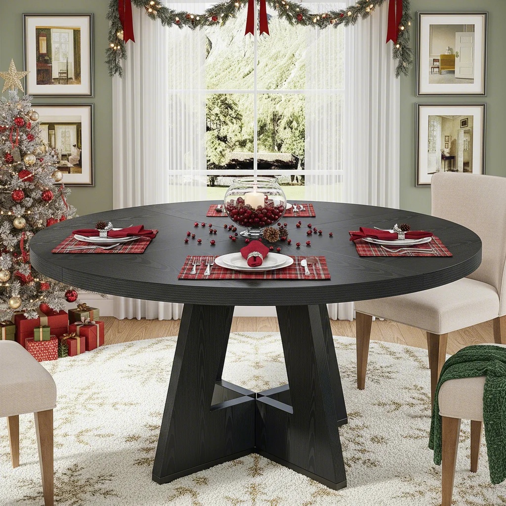 47-inch Round Dining Table For 4-6, Black Circle Kitchen Table With Wooden Pedestal Base, Holiday Edition (only Table 1pc)