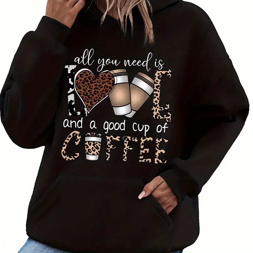 

Women's Fashionable Leopard Print Coffee & Heart Hoodie - Casual Pullover With Kangaroo Pocket, Long Sleeves, Polyester, Machine Washable