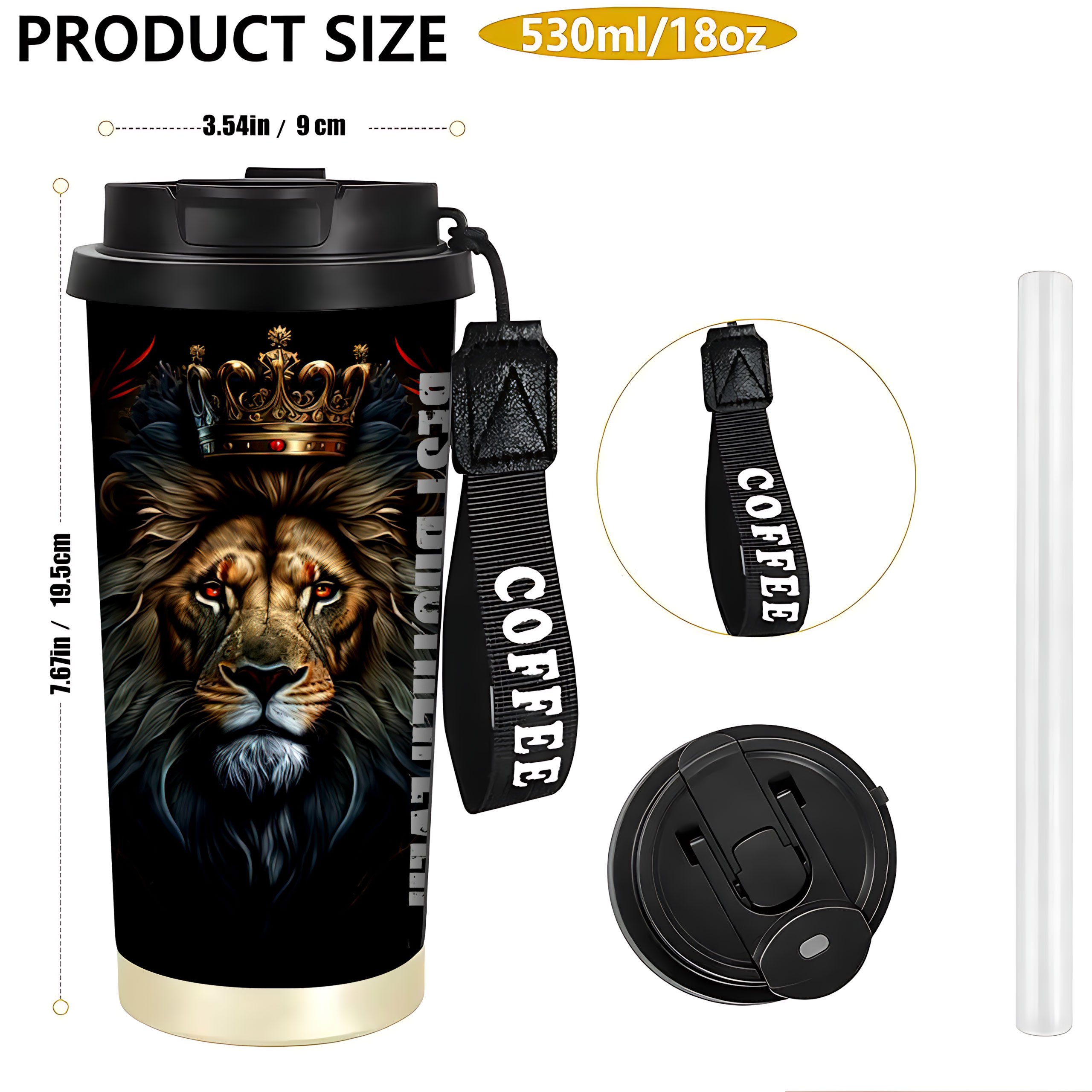 TEMU 1pc 18oz Stainless Steel Travel Mug With Lid - Lion Coffee Cup For Hot/cold Drinks, Car, Office & Outdoor Use, Valentine's Day Easter Birthday Gift, Hand Wash Only