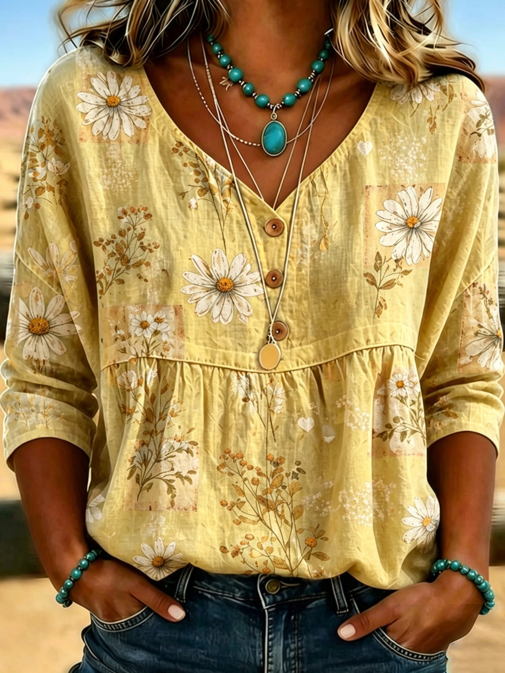 item picture boho yellow daisy print v neck blouse womens casual half sleeve babydoll top lightweight loose fit floral shirt for spring summer