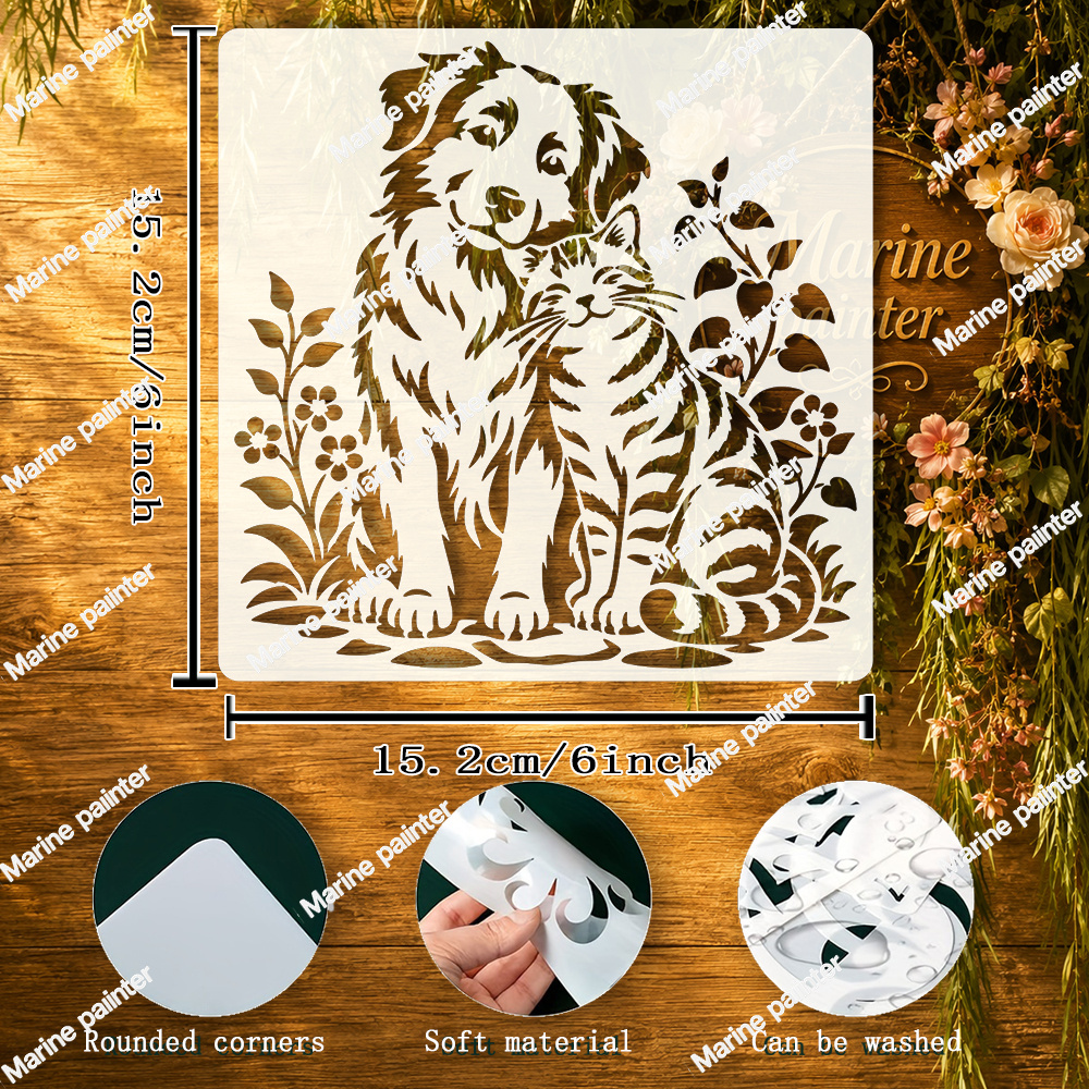 TEMU Plantillas de pintura divertidas de de gatos y perros - Perro de pelo largo y gato atigrado abrazándose y besándose con diseños de animales de