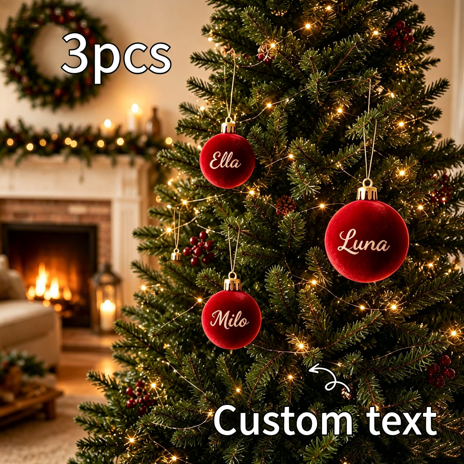 TEMU 3pcs Custom Name Red Velvet Christmas Ball Ornaments, 3pcs Personalized Flocked Xmas Baubles 6cm/2.36inch, Customized Name Hanging Ornament For