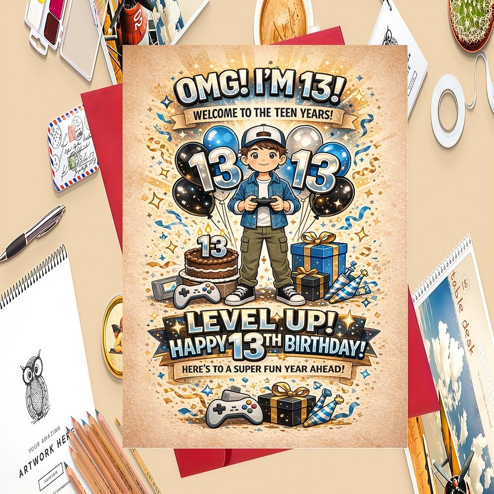 TEMU 1pc 13th Birthday Card Suitable For Parents To Give To - Gaming-themed Teen Boy Gift With Wishes For 13 Year Old, Paper Greeting Card & Envelope