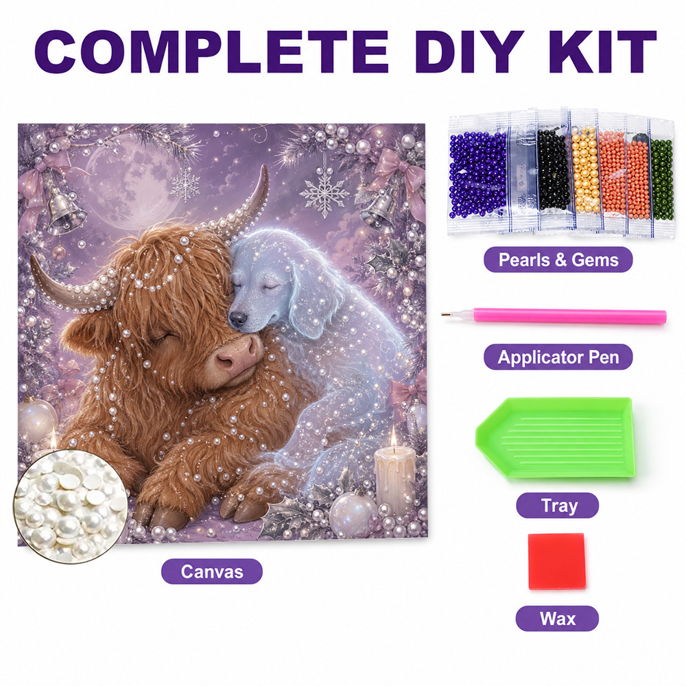 TEMU 1pc Pearl Snoggling Highland Cow And Transparent Puppy | Purple Moon Christmas Pearl Bead Diamond Painting Kit, 11.81×11.81 Inch, 5d Special