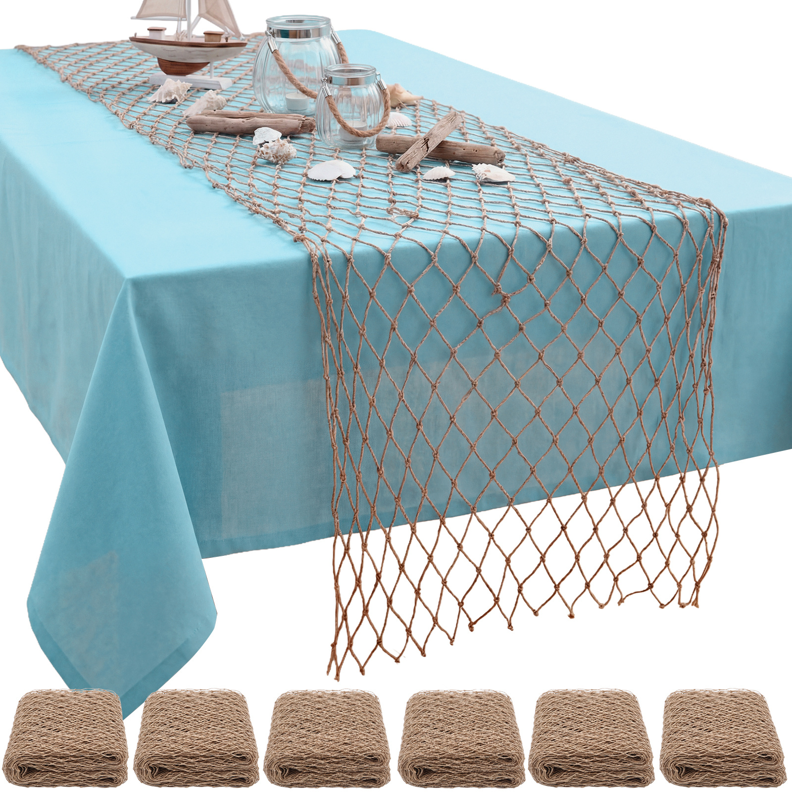 TEMU 6pcs Fish Net Party Decorations Table Runner 12x72\'\' Decorative Nautical Cotton Fishnet For Pirate Mermaid Hawaiian Ocean Beach Themed Party