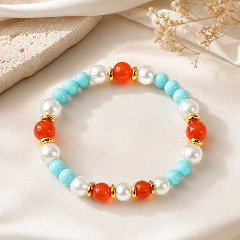 Wealth-Attracting Natural Stone Bead Bracelet, Mint Blue & Red Agate