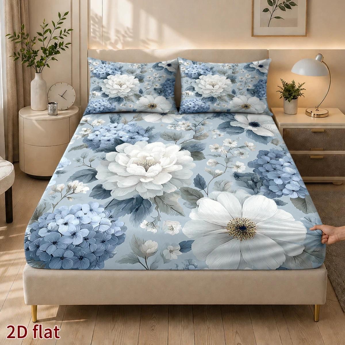 item picture 3pcs mattress protector set 1 fitted sheet 2 pillowcases no filling 2d flat printing blue floral theme vintage   spring machine washable suitable for   for home dorm master bedroom and   use 2d flat