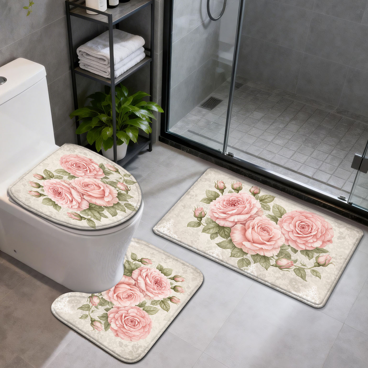 TEMU 3/4pcs Bathroom Non-slip Mat Set, Vintage Soft , Home Decor Shower Entrance Absorbent Mat, Household Soft -dry Carpet, Toilet Laundry Additions