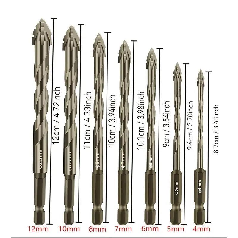 7-pcs Set Of 4-tooth Drilling Bits With High And Wear-resistant, Serrations For Dry Drilling Of Tiles, Ceramics, Glass, Marble, Concrete And Drilling
