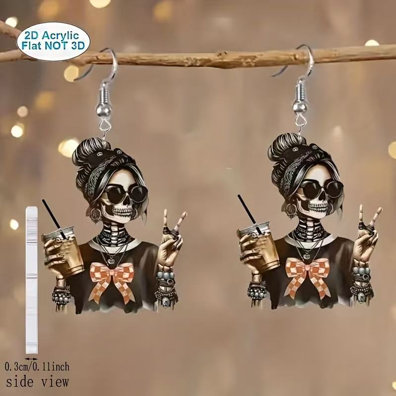 TEMU 2d Flat, 1 Pair Retro Halloween Skull Earrings, Cute Fashion Glasses Bow Milk Tea 2d Flat Acrylic Earrings, Unique Jewelry, Lightweight And