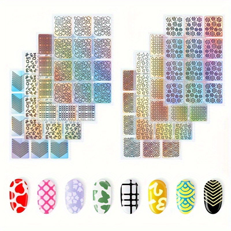 TEMU 288pcs 3d French Hollow Nail Stickers, Square Laser Printed Nail Art Decals, Assorted Patterns, Paper Material, With Diy Manicure Templates Set