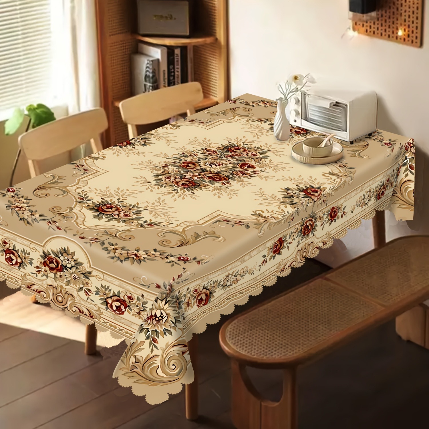 TEMU Tablecovers 1pc, Elegant Bohemian Style Floral Print Tablecloth, Polyester Material, Rectangular, Suitable For Dining Room, Party, Buffet,
