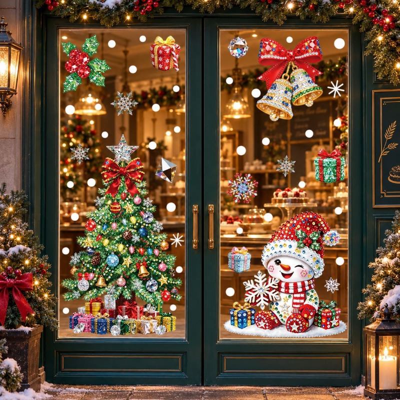 TEMU Christmas Static Window Clings Set, 50pcs Sparkly Xmas Tree Snowman Snowflake Decals, Reusable Removable Glass Stickers For Christmas Party Home