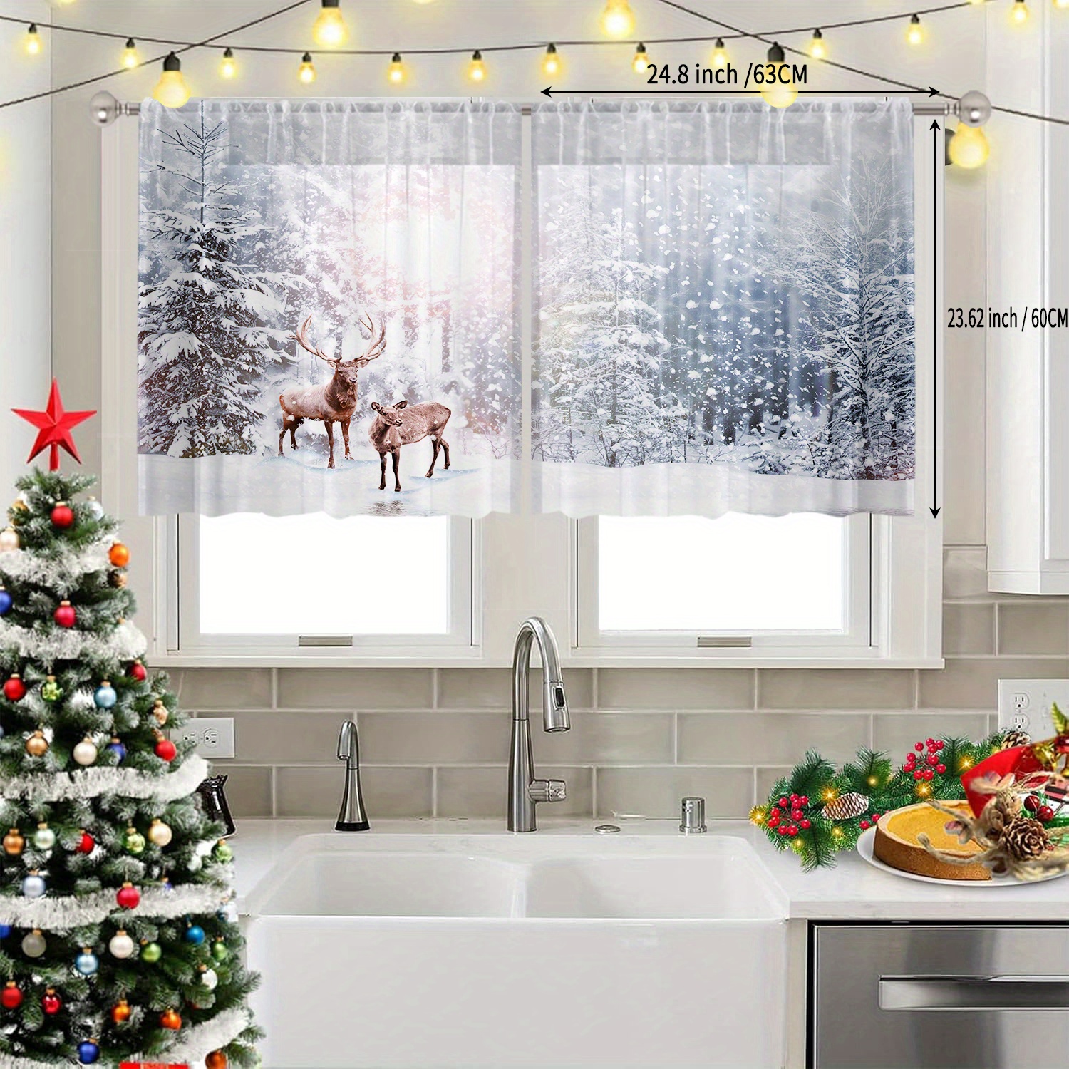 TEMU : Set Of 2 Small-sized Semi-transparent Polyester Window Sheers For Christmas, Designed For Small Windows, Featuring Outdoor Scenery With
