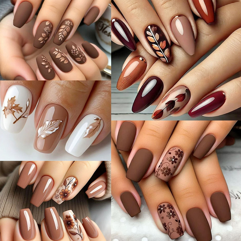 TEMU 120pcs (5 Pack) Medium Length, Glossy Finish, Floral &maple Leaf Desiqn, Brown & , Removable Fake Nail Kit Withjelly Glue & Nail File For Women And Girls - Daily Wear &dates